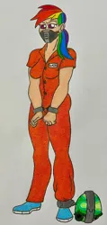 Size: 1280x2698 | Tagged: safe, artist:tfpandora, derpibooru import, rainbow dash, tank, human, clothes, cuffed, cuffs, gag, humanized, image, jpeg, jumpsuit, prison outfit, prisoner rd, story in the source