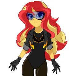 Size: 1116x1126 | Tagged: safe, artist:rosemile mulberry, derpibooru import, sunset shimmer, human, equestria girls, clothes, equestrian city, female, image, jacket, motorcross, png, scar, simple background, solo, superhero, updated design, visor, white background