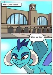 Size: 2480x3507 | Tagged: safe, artist:rex-equinox, derpibooru import, part of a set, princess ember, dragon, comic, commission, dragon lord ember, flying, image, inanimate tf, png, train station, transformation, transformation sequence