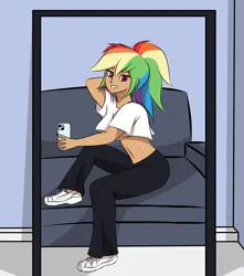 Size: 3000x3400 | Tagged: suggestive, artist:artevi, derpibooru import, rainbow dash, human, equestria girls, abs, alternate hairstyle, arm behind head, breasts, clothes, cute, image, leggings, looking at you, mirror, nail polish, pants, phone, png, ponytail, selfie, shoes, short shirt, sitting, smiling, solo, stupid sexy rainbow dash, underboob, yoga pants
