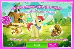 Size: 1964x1301 | Tagged: safe, derpibooru import, official, happy trails, earth pony, pony, advertisement, apple, apple family member, barrel, cider, cider mug, costs real money, english, food, gameloft, image, jpeg, key, male, mobile game, mug, my little pony: magic princess, neckerchief, numbers, sale, solo, solo focus, stallion, text