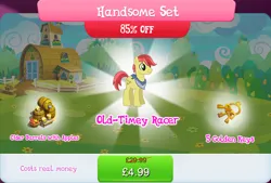 Size: 1270x858 | Tagged: safe, derpibooru import, official, happy trails, earth pony, pony, apple, apple family member, barrel, bundle, cider, cider mug, costs real money, english, food, gameloft, image, jpeg, key, male, mobile game, mug, my little pony: magic princess, neckerchief, numbers, sale, solo, solo focus, stallion, text