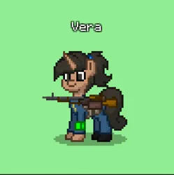 Size: 830x832 | Tagged: safe, derpibooru import, oc, unofficial characters only, unicorn, fallout equestria, fallout, fallout: new vegas, gun, horn, image, jpeg, pipboy, pipbuck, unicorn oc, weapon