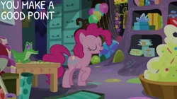 Size: 828x465 | Tagged: safe, derpibooru import, edit, edited screencap, editor:quoterific, screencap, gummy, pinkie pie, secrets and pies, balloon, file cabinet, image, jpeg, party cave, present
