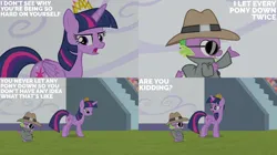 Size: 828x465 | Tagged: safe, derpibooru import, edit, edited screencap, editor:quoterific, screencap, spike, twilight sparkle, twilight sparkle (alicorn), alicorn, equestria games (episode), clothes, crown, image, jewelry, jpeg, regalia, stadium, sunglasses, trenchcoat