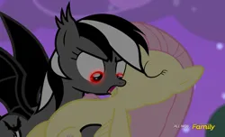 Size: 1024x621 | Tagged: safe, artist:shutterflyeqd, derpibooru import, screencap, fluttershy, rainbow dash, oc, oc:count dashula, bat pony, pegasus, pony, carrying, discovery family, discovery family logo, eyes closed, female, flutterdash, image, jpeg, lesbian, logo, shipping