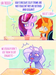 Size: 1536x2048 | Tagged: safe, artist:sockiepuppetry, derpibooru import, starlight glimmer, sunburst, trixie, pony, unicorn, 2 panel comic, comic, crazy straw, dialogue, drink, drinking, eating, female, food, image, male, mare, pasta, png, question mark, silly straw, spaghetti, speech bubble, stallion, straw, trio