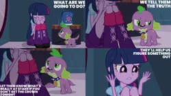 Size: 828x465 | Tagged: safe, derpibooru import, edit, edited screencap, editor:quoterific, screencap, spike, twilight sparkle, dog, equestria girls, equestria girls (movie), backpack, image, jpeg, spike the dog