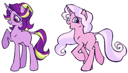 Size: 972x556 | Tagged: safe, artist:gaines, derpibooru import, pinkie pie, starlight glimmer, pony, unicorn, duo, duo female, female, image, leonine tail, mare, missing cutie mark, png, race swap, redesign, simple background, tail, transparent background, unicorn pinkie pie