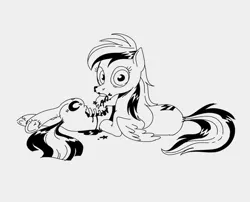 Size: 2000x1613 | Tagged: grimdark, artist:mellodillo, derpibooru import, rainbow dash, pegasus, pony, black and white, blood, cannibalism, eating, female, food, grayscale, image, looking at you, lying down, mare, meat, monochrome, png, ponies eating meat, prone, simple background, white background