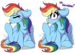 Size: 1280x905 | Tagged: safe, artist:julunis14, derpibooru import, rainbow dash, pegasus, pony, behaving like a cat, blushing, caught, chest fluff, dialogue, female, glasses, grooming, image, jpeg, licking, looking at you, mare, offscreen character, rainbow cat, simple background, sitting, startled, tongue out, white background