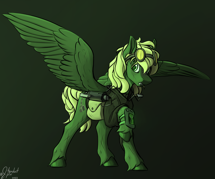 Size: 3600x3000 | Tagged: safe, artist:stardustspix, derpibooru import, oc, oc:murky, pegasus, pony, fallout equestria, fallout equestria: murky number seven, aviator goggles, bag, battle saddle, clothes, colored eyebrows, colored eyelashes, colored pupils, fanfic art, goggles, gradient background, grappling hook, high res, image, pipbuck, png, saddle bag, solo, spread wings, wings