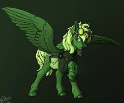 Size: 3600x3000 | Tagged: safe, artist:stardustspix, derpibooru import, oc, oc:murky, pegasus, pony, fallout equestria, fallout equestria: murky number seven, aviator goggles, bag, battle saddle, clothes, colored eyebrows, colored eyelashes, colored pupils, fanfic art, goggles, gradient background, grappling hook, high res, image, pipbuck, png, saddle bag, solo, spread wings, wings
