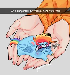 Size: 750x800 | Tagged: safe, artist:yuyusunshine, derpibooru import, rainbow dash, human, pegasus, pony, blushing, chibi, female, image, it's dangerous to go alone, jpeg, mare, meme, nail polish, squishy, unshorn fetlocks