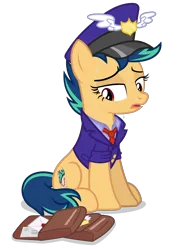 Size: 4000x5100 | Tagged: safe, artist:gypsykumquat, derpibooru import, oc, oc:fiery stamp, unofficial characters only, earth pony, pony, .svg available, absurd resolution, bag, clothes, earth pony oc, exhausted, female, hat, image, inkscape, mailbag, mailmare, mailmare hat, mailmare uniform, mailpony, mailpony uniform, png, saddle bag, show accurate, simple background, solo, sweat, sweatdrop, transparent background, uniform, uniform hat, vector, wet clothes
