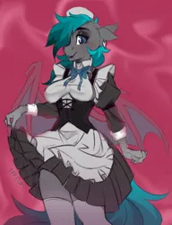 Size: 1843x2400 | Tagged: safe, artist:mirage, derpibooru import, oc, unofficial characters only, anthro, bat pony, pegasus, bat wings, clothes, corset, female, image, maid, png, skirt, skirt lift, socks, solo, solo female, stockings, thigh highs, wings