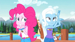 Size: 1280x720 | Tagged: safe, derpibooru import, screencap, pinkie pie, trixie, human, equestria girls, legend of everfree, animated, armpits, arms in the air, bracelet, camp everfree outfits, clothes, duo, duo female, eyebrows, eyes closed, facepalm, female, hand on hip, heart, image, jewelry, lake, mountain, pier, pinkie pie is not amused, raised eyebrow, shirt, sleeveless, sleeveless shirt, talking, tree, unamused, water, webm