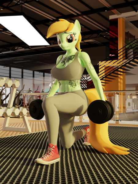 Size: 7500x10000 | Tagged: safe, artist:lumimation, derpibooru import, oc, oc:lumi shell, unofficial characters only, anthro, plantigrade anthro, 3d, abs, breasts, busty oc, clothes, converse, cute, female, fit, gym, happy, image, kneeling, looking at you, pants, png, shoes, solo, sweatpants, tattoo, weight lifting, weights