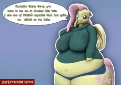 Size: 1536x1080 | Tagged: safe, artist:zapattackinflation, derpibooru import, fluttershy, anthro, pegasus, 3d, bbw, belly, belly button, big belly, blushing, breasts, busty fluttershy, clothes, cutie mark, fat, fattershy, female, flustered, image, pants, photo, png, source filmmaker, speech bubble, sweater, text, thighs, tight clothing, watermark, weight gain, wide hips
