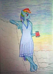 Size: 2781x3869 | Tagged: safe, artist:mildgyth, derpibooru import, rainbow dash, anthro, ziragshabdarverse, clothes, cloud, coffee mug, derpibooru exclusive, dress, hoof feet, image, mug, png, solo, traditional art, twilight (astronomy)