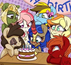 Size: 2504x2264 | Tagged: oc name needed, safe, artist:lou, derpibooru import, oc, oc:louvely, oc:lucky bolt, kirin, pony, birthday, birthday cake, blushing, bow, cake, commission, female, food, hair bow, image, jpeg, mare