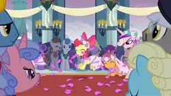 Size: 2160x1211 | Tagged: safe, derpibooru import, screencap, apple bloom, princess cadance, queen chrysalis, scootaloo, sweetie belle, alicorn, earth pony, pegasus, pony, unicorn, a canterlot wedding, background pony, bride, canterlot, canterlot castle, clothes, cute, dress, eyes closed, fake cadance, female, filly, floral head wreath, flower, flower filly, flower girl, flower girl dress, flower in hair, foal, force field, happy, hopping, image, jpeg, marriage, wedding, wedding veil