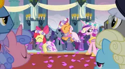 Size: 2160x1195 | Tagged: safe, derpibooru import, screencap, apple bloom, princess cadance, queen chrysalis, scootaloo, alicorn, earth pony, pegasus, pony, unicorn, a canterlot wedding, background pony, bride, canterlot, canterlot castle, clothes, cute, dress, evil grin, eyes closed, fake cadance, floral head wreath, flower, flower filly, flower girl, flower girl dress, flower in hair, force field, grin, hopping, image, jpeg, marriage, necktie, open mouth, smiling, wedding, wedding veil
