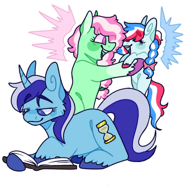 Size: 1080x1080 | Tagged: safe, artist:spaceoreosxoxo, derpibooru import, minty (g4), minuette, earth pony, pony, unicorn, book, crack shipping, image, magical lesbian spawn, offspring, parent:minty, parent:minuette, png, reading, shipping, simple background, transparent background, trio