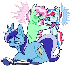 Size: 1080x1080 | Tagged: safe, artist:spaceoreosxoxo, derpibooru import, minty (g4), minuette, earth pony, pony, unicorn, book, crack shipping, image, magical lesbian spawn, offspring, parent:minty, parent:minuette, png, reading, shipping, simple background, transparent background, trio