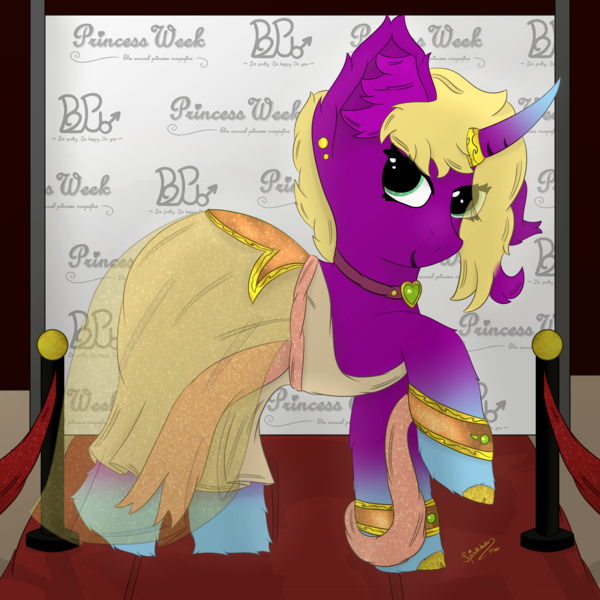 Size: 4000x4000 | Tagged: safe, artist:spiroudada, derpibooru import, oc, oc:velvet sky, pony, unicorn, carpet, cinema, clothes, collar, crossdressing, digitaldrawing, drawing, dress, festival, gold, image, jewelry, male, my little pony, png, princessweek, red, stallion, transgender