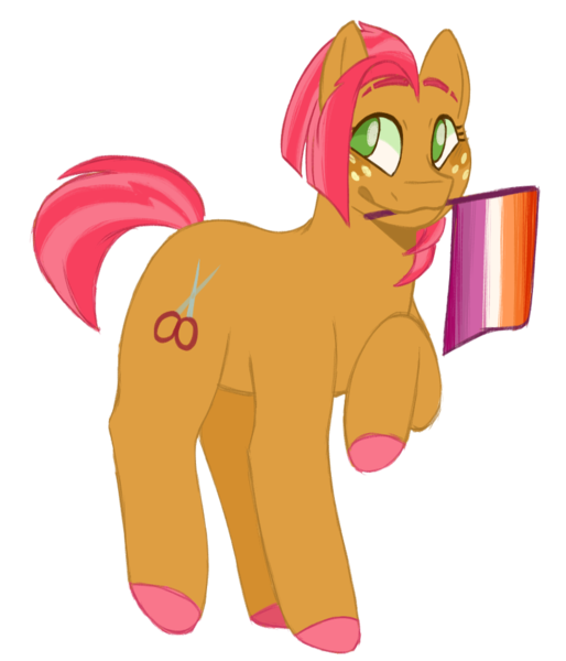 Size: 820x957 | Tagged: safe, artist:spaceoreosxoxo, derpibooru import, babs seed, earth pony, pony, alternate versions at source, colored hooves, eyebrows, female, image, lesbian, lesbian pride flag, lgbt, lgbtq, mare, older, older babs seed, png, pride, pride flag, raised eyebrow, raised eyebrows, raised hoof, scissors, simple background, smiling, solo, transparent background