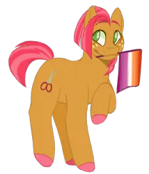 Size: 820x957 | Tagged: safe, artist:spaceoreosxoxo, derpibooru import, babs seed, earth pony, pony, alternate versions at source, colored hooves, eyebrows, female, image, lesbian, lesbian pride flag, lgbt, lgbtq, mare, older, older babs seed, png, pride, pride flag, raised eyebrow, raised eyebrows, raised hoof, scissors, simple background, smiling, solo, transparent background