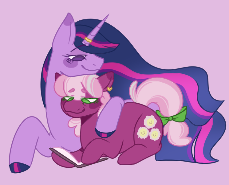 Size: 1000x805 | Tagged: safe, artist:spaceoreosxoxo, derpibooru import, cheerilee, twilight sparkle, twilight sparkle (alicorn), alicorn, earth pony, pony, unicorn, book, cheerilight, duo, female, image, lesbian, lying down, pink background, png, shipping, simple background