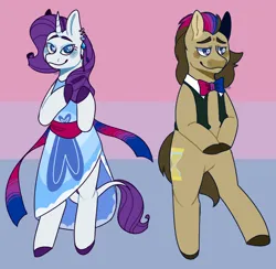Size: 1080x1053 | Tagged: safe, artist:spaceoreosxoxo, derpibooru import, doctor whooves, rarity, time turner, earth pony, pony, unicorn, bisexual, bisexual pride flag, bisexuality, blushing, bowtie, clothes, colored hooves, cute, diamond, doctorbetes, dress, duo, dyed mane, ear piercing, earring, female, heart, heart eyes, image, jewelry, leonine tail, lgbt, lgbtq, male, mare, piercing, png, pride, pride flag, raribetes, smiling, stallion, tail, wingding eyes