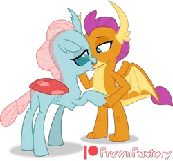Size: 2195x2050 | Tagged: suggestive, artist:frownfactory, derpibooru import, ocellus, smolder, changedling, changeling, dragon, dragoness, female, image, kissing, lesbian, png, shipping, simple background, smolcellus, transparent background, vector, wings