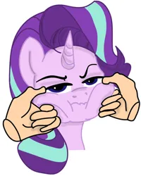 Size: 972x1212 | Tagged: safe, artist:dotkwa, color edit, derpibooru import, edit, starlight glimmer, human, pony, unicorn, annoyed, cheek pinch, cheek squish, chipmunk cheeks, colored, female, g4, hand, image, looking at you, mare, png, simple background, solo, squishy cheeks, starlight glimmer is not amused, unamused, white background