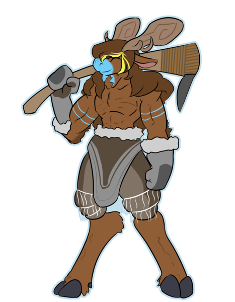 Size: 1400x1800 | Tagged: safe, artist:tartsarts, derpibooru import, oc, oc:tartaurus, unofficial characters only, anthro, moose, antlers, axe, barbarian, cloven hooves, image, male, png, simple background, solo, transparent background, weapon