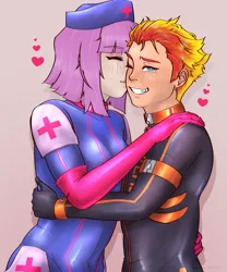 Size: 2500x3000 | Tagged: safe, artist:nansfw, derpibooru import, oc, oc:fireheart(fire), oc:nurse lavender blossom, human, equestria girls, clothes, couple, fireheart76's latex suit design, gloves, image, kiss on the cheek, kissing, latex, latex gloves, latex suit, nurse, png, prisoners of the moon, rubber, rubber gloves, rubber suit
