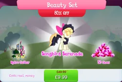 Size: 1268x856 | Tagged: safe, derpibooru import, official, songbird serenade, pegasus, pony, my little pony: the movie, bow, bundle, bush, clothes, costs real money, english, female, folded wings, gameloft, gem, guitar, hair bow, image, jpeg, mare, mobile game, musical instrument, my little pony: magic princess, numbers, sale, shirt, solo, solo focus, text, wings