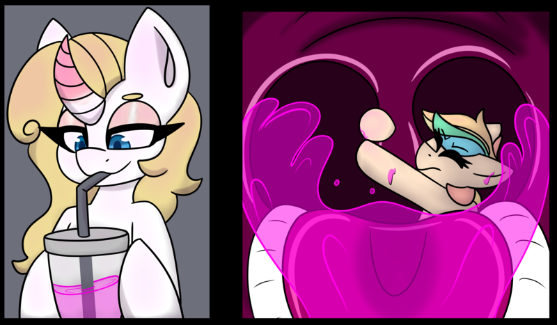 Size: 11120x6496 | Tagged: suggestive, artist:askhypnoswirl, derpibooru import, oc, oc:candy sparkles, oc:decora, drink, drinking, drinking straw, image, imminent vore, juice, macro, macro/micro, micro, png, uvula, uvula hug, vore