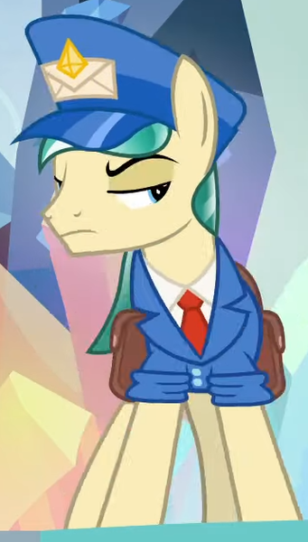 Size: 358x629 | Tagged: safe, derpibooru import, screencap, proper postal, crystal pony, earth pony, pony, the parent map, clothes, cropped, delivery pony, hat, image, lidded eyes, looking sideways, male, png, solo, stallion, unamused, uniform