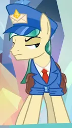 Size: 358x629 | Tagged: safe, derpibooru import, screencap, proper postal, crystal pony, earth pony, pony, the parent map, clothes, cropped, delivery pony, hat, image, lidded eyes, looking sideways, male, png, solo, stallion, unamused, uniform