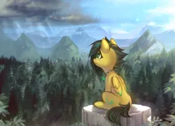 Size: 3368x2439 | Tagged: safe, artist:mirroredsea, derpibooru import, oc, oc:lightning bug, unofficial characters only, pegasus, pony, fanfic:song of seven, black mane, cutie mark, detailed background, fanfic art, female, forest, horizon, image, mare, mountain, mountain range, painterly, pegasus oc, pillar, png, scenery, sitting, storm, stormcloud, tree, wings