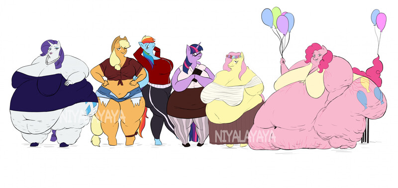 Size: 2792x1320 | Tagged: suggestive, artist:niyalyaya, derpibooru import, applejack, fluttershy, pinkie pie, rainbow dash, rarity, twilight sparkle, anthro, earth pony, pegasus, unguligrade anthro, unicorn, applefat, balloon, bbw, belly, belly on floor, big belly, big breasts, breasts, cellulite, fat, fat boobs, fattershy, huge belly, huge breasts, image, impossibly large belly, jpeg, mane six, morbidly obese, near immobile, obese, piggy pie, pudgy pie, rainblob dash, raritubby, simple background, thighs, thunder thighs, twilard sparkle, white background