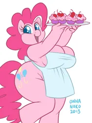 Size: 750x1000 | Tagged: suggestive, artist:onnanoko, derpibooru import, pinkie pie, anthro, breasts, chubby, cupcake, fat, food, image, jpeg, looking at you, pudgy pie, thick