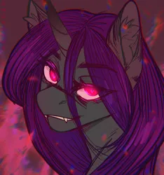 Size: 1727x1842 | Tagged: safe, artist:enderbee, derpibooru import, oc, oc:enderbee, pony, unicorn, bust, colored, fangs, flat colors, glow, glowing eyes, horn, icon, image, long hair, png, portrait, profile picture, purple hair, red eyes, sketch, solo, unicorn oc