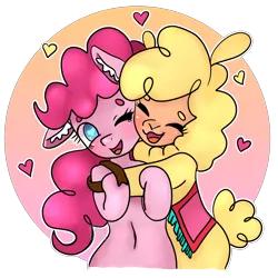 Size: 2692x2692 | Tagged: safe, artist:anykoe, derpibooru import, pinkie pie, alpaca, earth pony, pony, semi-anthro, them's fightin' herds, community related, contest, contest entry, female, heart, heart eyes, hug, image, paprika (tfh), png, solo, solo female, wingding eyes