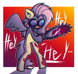 Size: 1360x1300 | Tagged: safe, artist:mihar34, derpibooru import, fluttershy, pegasus, pony, .mov, bipedal, blood, chainsaw, fluttershed, image, jpeg, smiling, solo, standing on two hooves, text