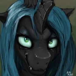 Size: 997x1000 | Tagged: safe, artist:bigrigs, edit, queen chrysalis, changeling, chromatic aberration removal, close-up, evil grin, fangs, grin, image, looking at you, png, smiling, solo