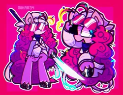 Size: 1426x1106 | Tagged: safe, artist:mihar34, derpibooru import, pinkie pie, earth pony, pony, clothes, glasses, image, jacket, jpeg, naginata, smiling, solo, standing on two hooves, sword, unshorn fetlocks, weapon